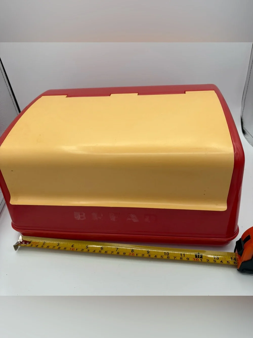 Vtg MCM 50’s Retro Kitchen Lustro Ware Bread Box B-20 Red Yellow Plastic Decor